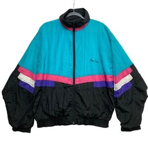 Pierre Cardin Windbreaker Mens M Teal Pink Colorblock Vintage Trilobal Zip Up